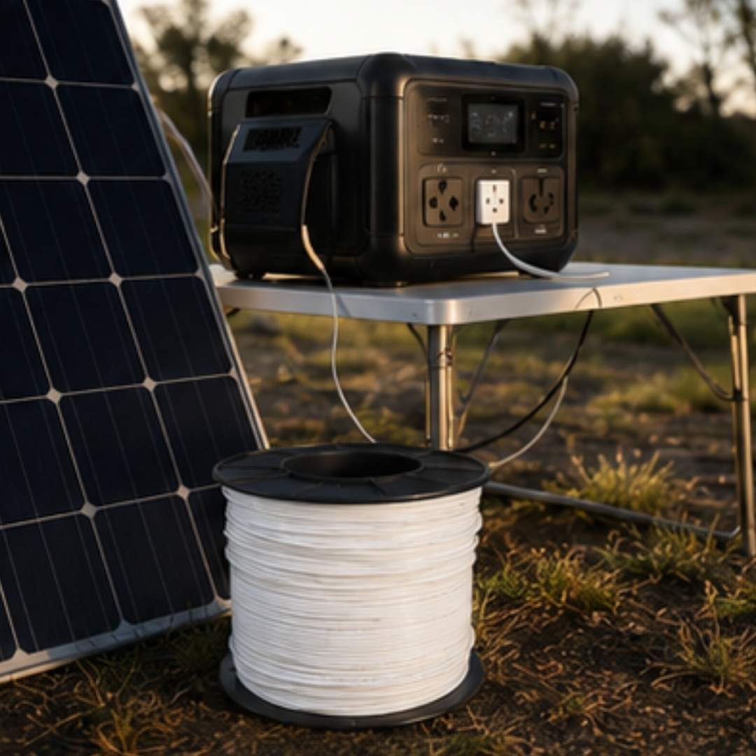 Portable power station with solar panel and cable on a table outdoors