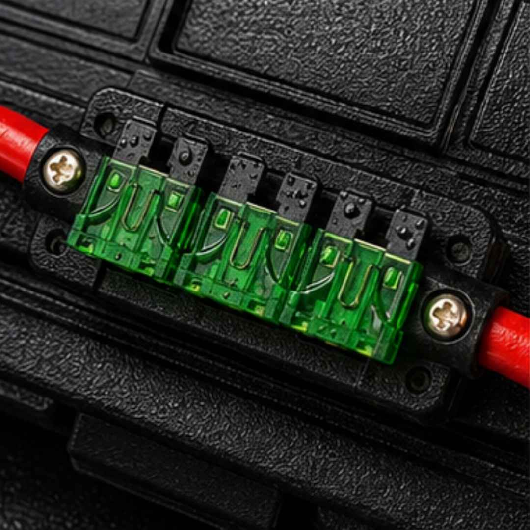 Close-up of a black electrical connector with green and red terminals.
