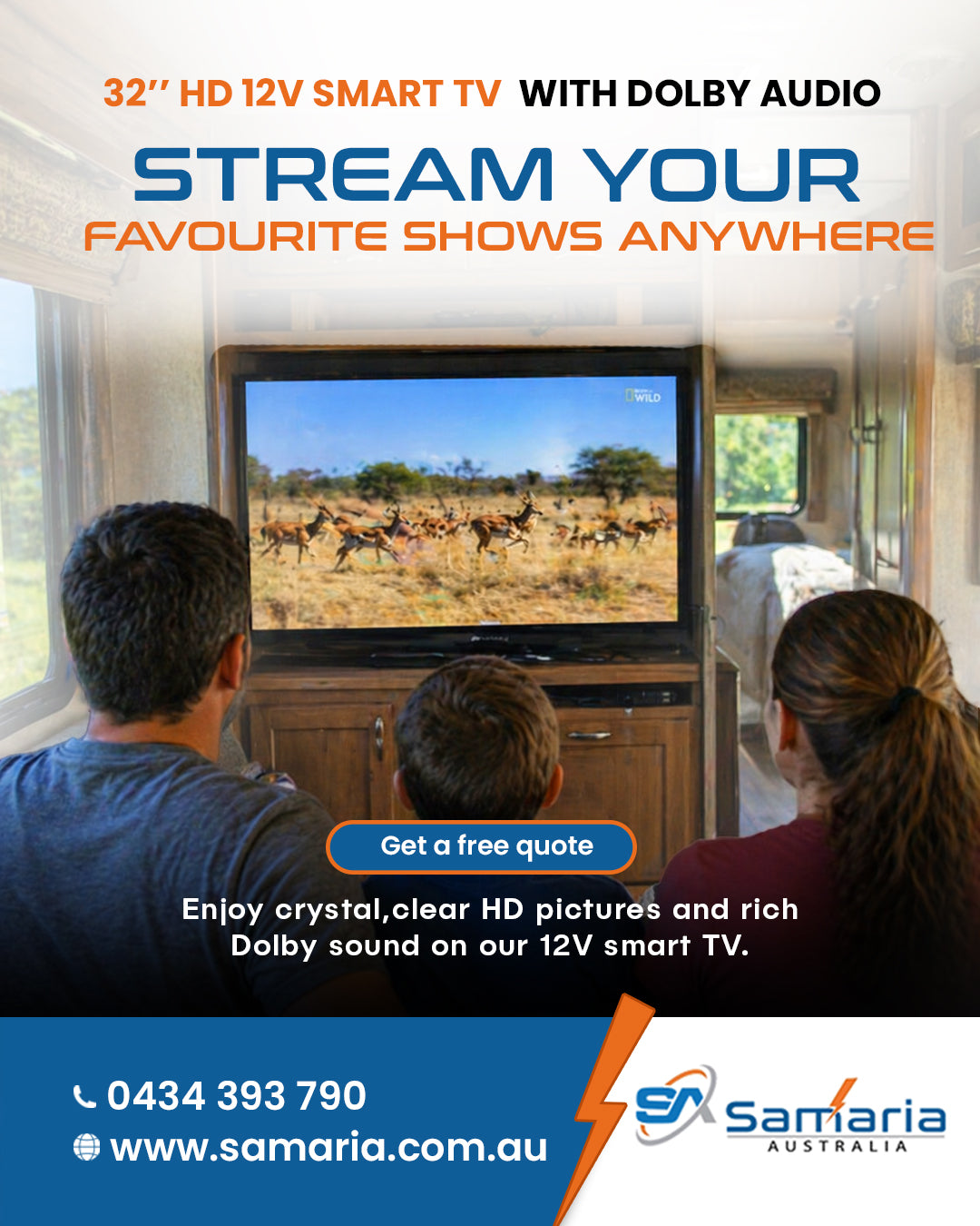 Advertisement for a 32-inch HD 12V smart TV with Dolby audio, showing a family watching wildlife on a screen.