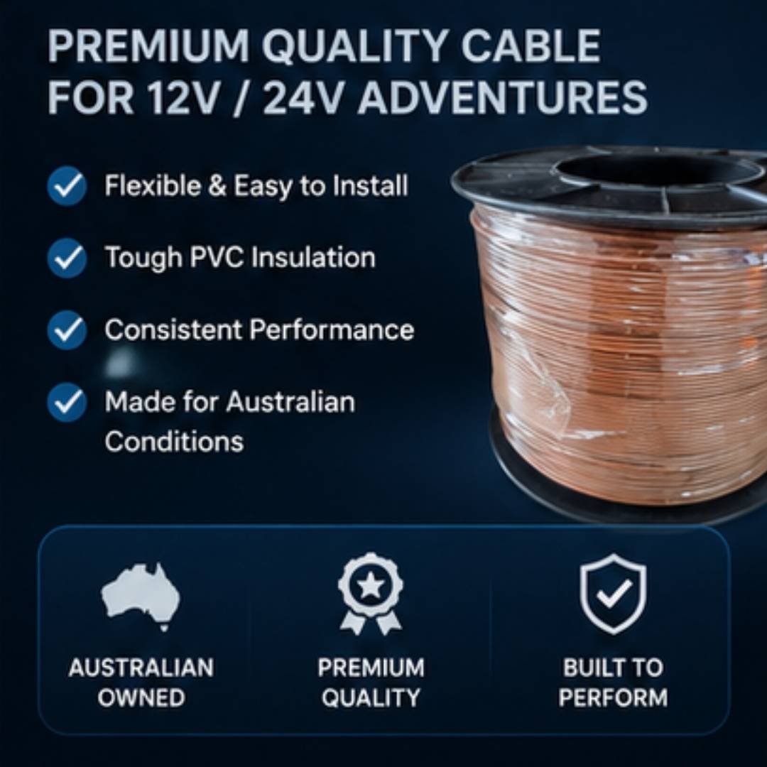 Spool of premium quality cable for 12V/24V adventures with features listed on a dark background.