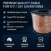 Spool of premium quality cable for 12V/24V adventures with features listed on a dark background.