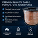 Spool of premium quality cable for 12V/24V adventures with features listed on a dark background.