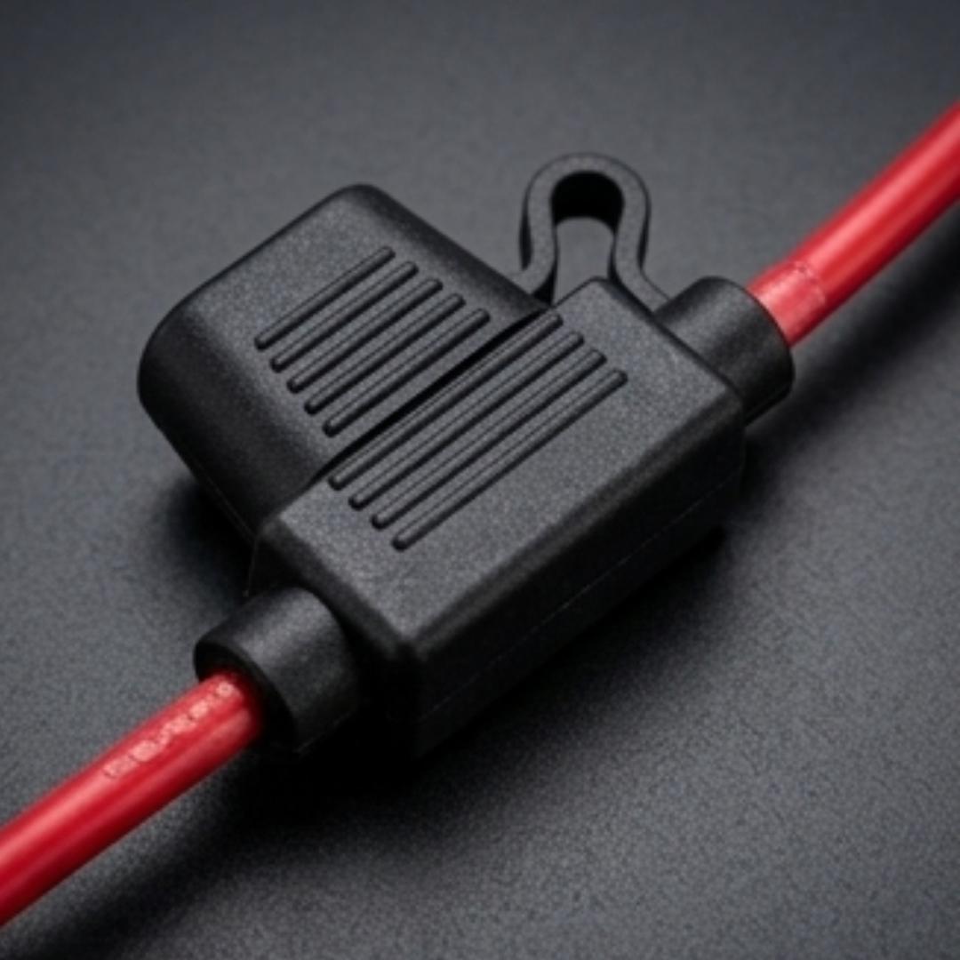 Black electrical connector with red wire on a dark gray background