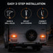 Step-by-step installation guide for vehicle lights with icons and text overlay.