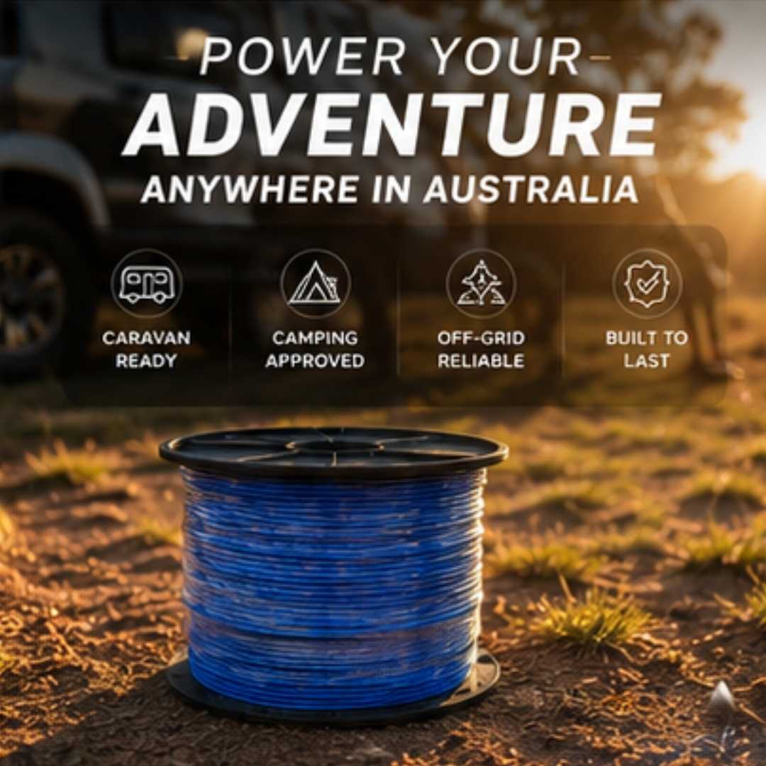 Blue cable reel with outdoor adventure theme text and icons on a blurred background