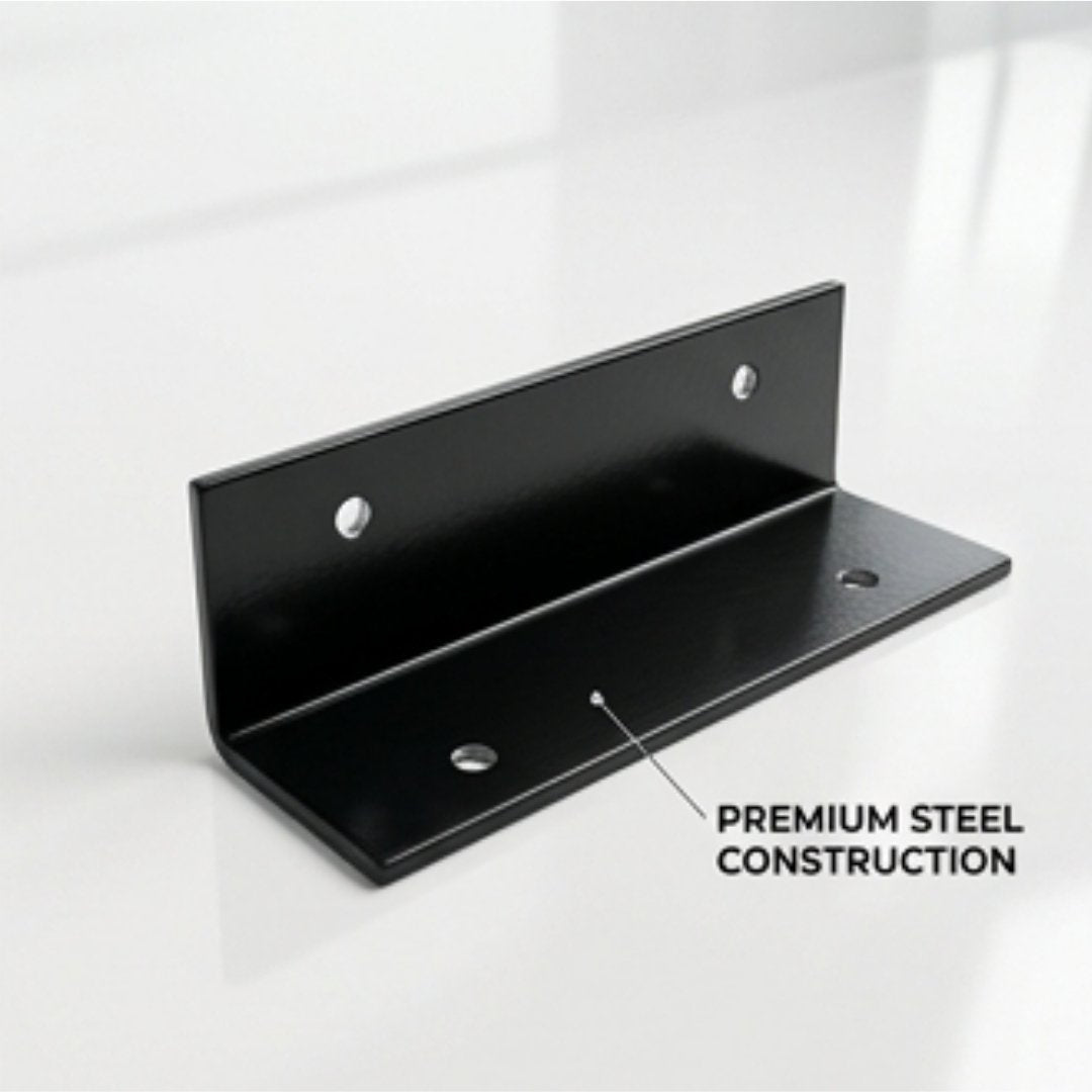 Black metal bracket with 'Premium Steel Construction' text on a white background