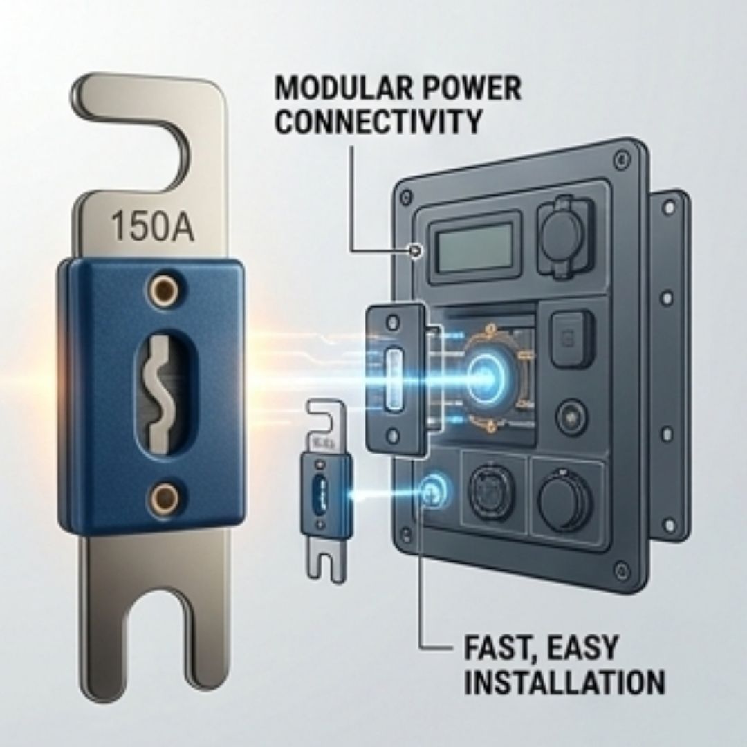 Illustration of a modular power connector with text highlighting features on a light gray background.