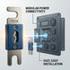 Illustration of a modular power connector with text highlighting features on a light gray background.