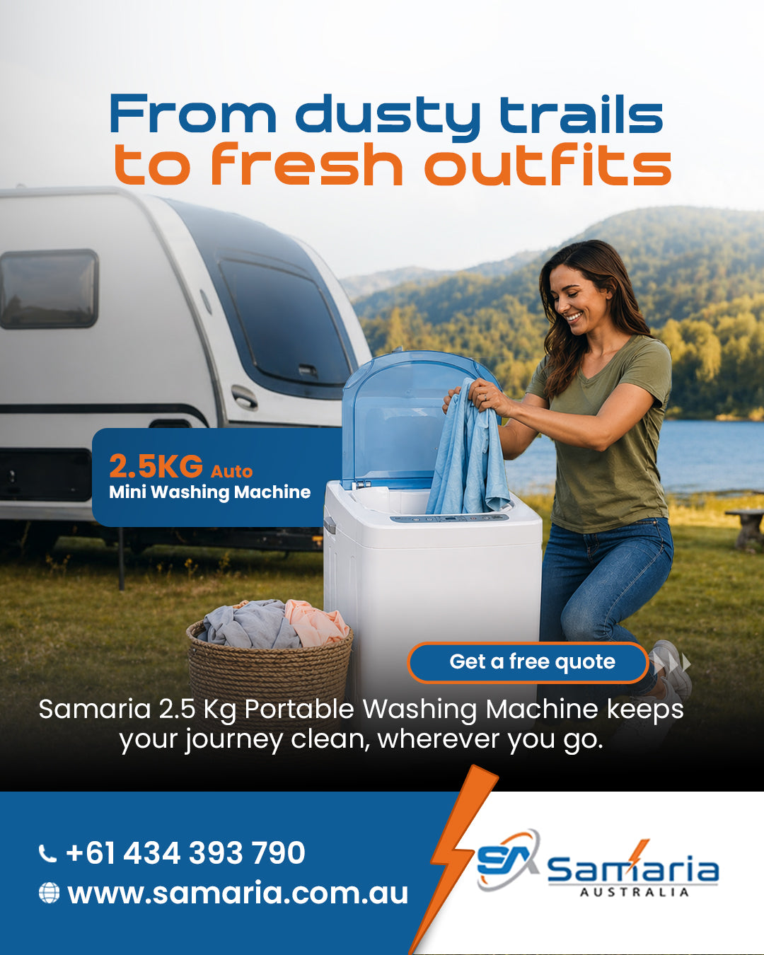 Advertisement for Samaria 2.5 Kg Portable Washing Machine with a woman using it outdoors.