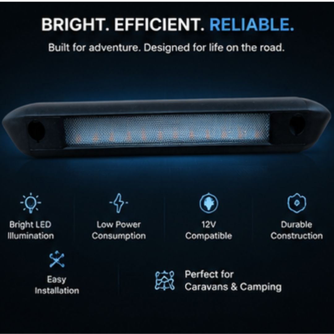 LED light bar with features listed on a dark background