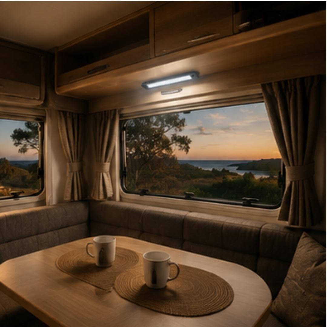Interior of a camper van with a table and two mugs, overlooking a scenic view at sunset.