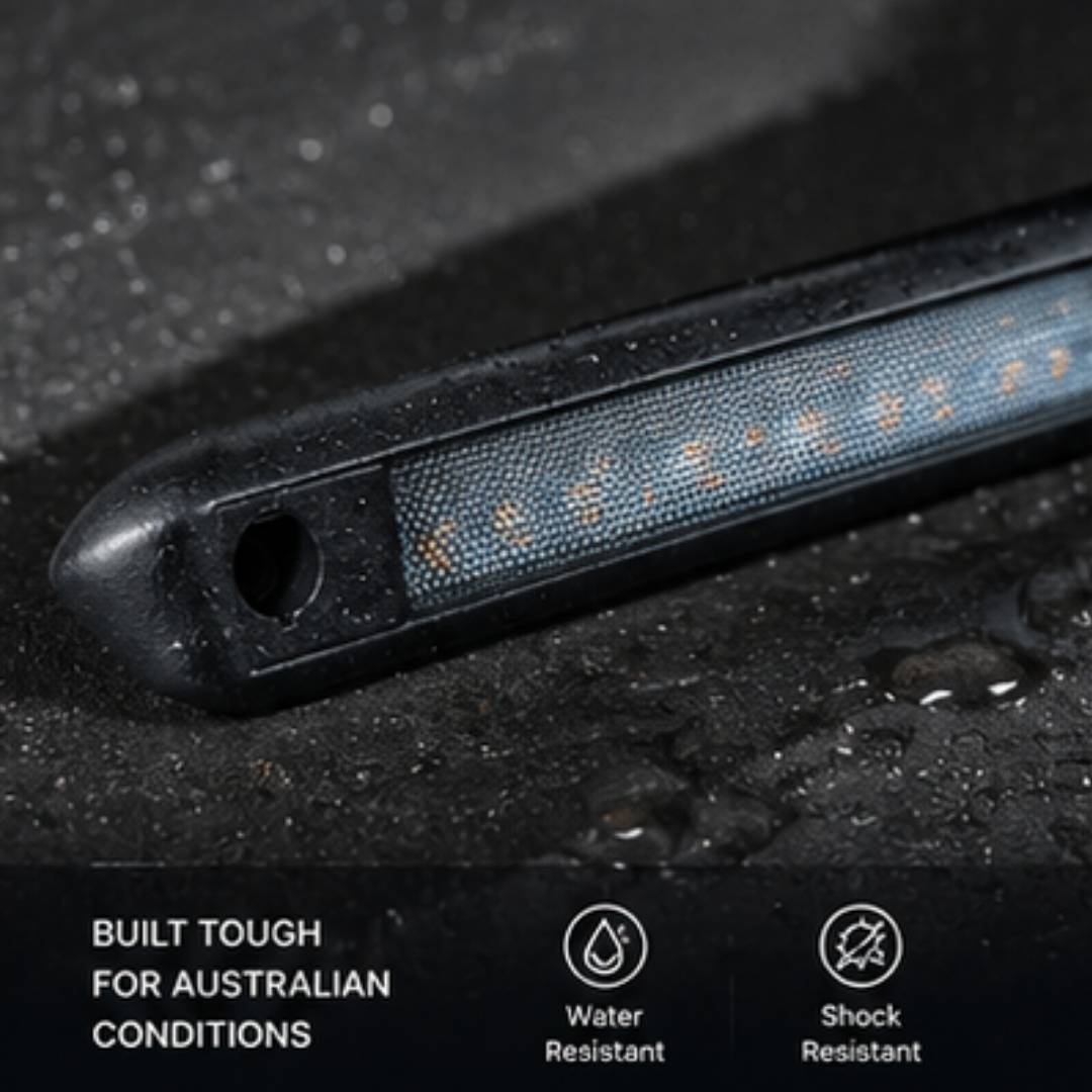 Black LED strip light on a dark surface with water droplets, labeled as built tough for Australian conditions.