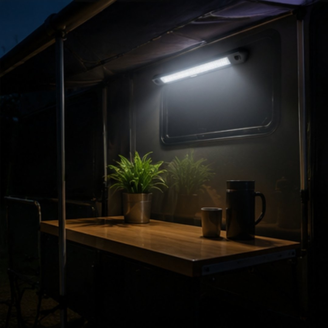 Dark interior of a vehicle with a wooden table, plant, and cups illuminated by a light source.