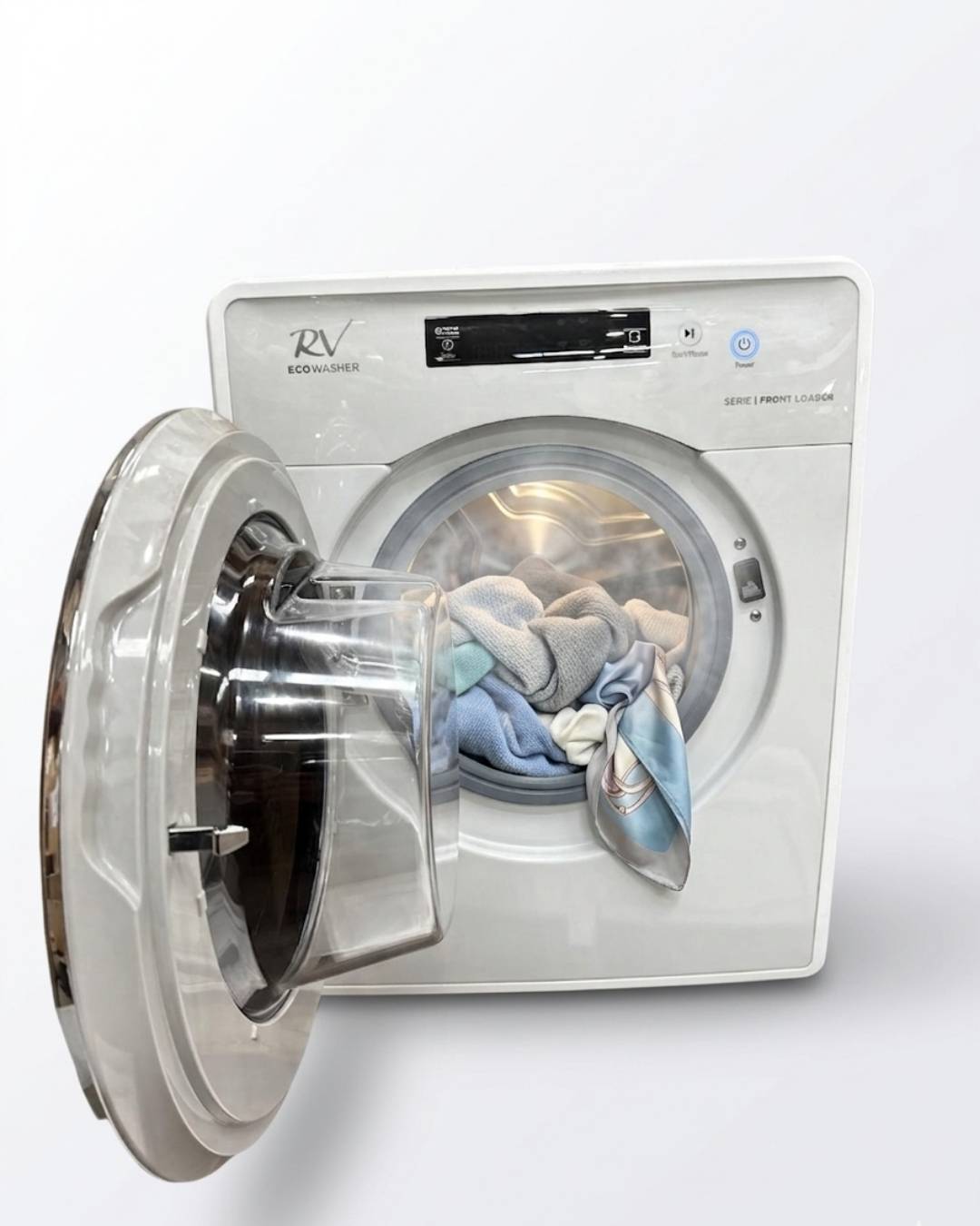 Silver washing machine with open door showing clothes inside on a white background