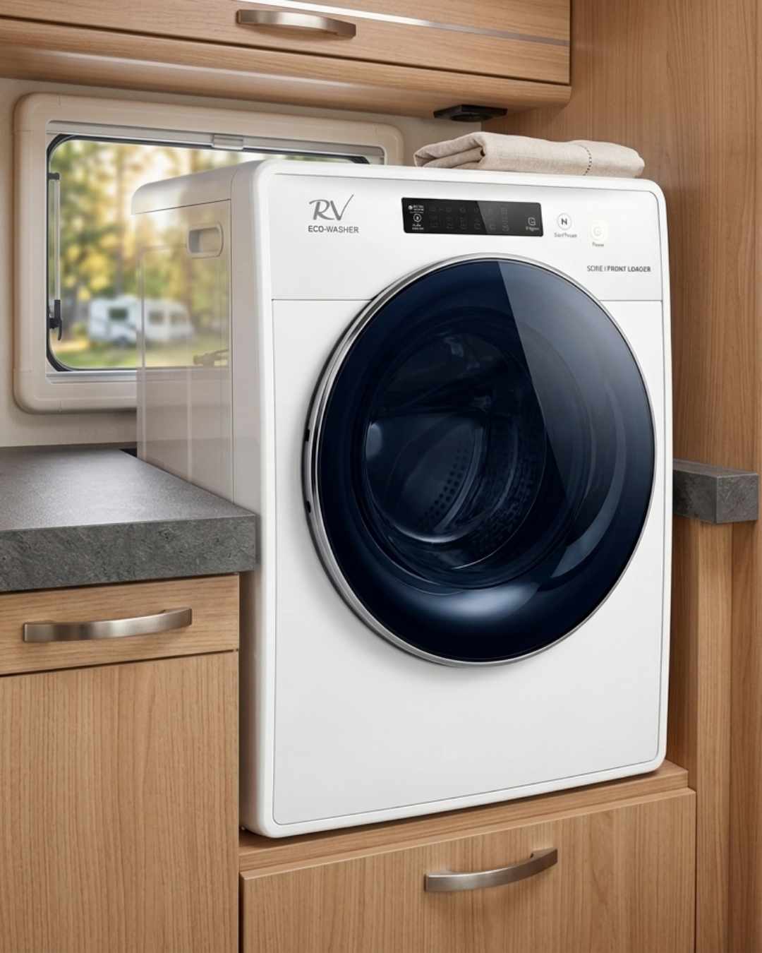 White RV washer dryer in a caravan with wooden cabinets and a window.