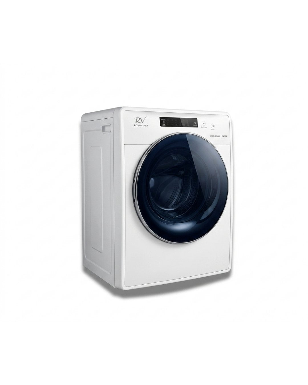 White front-loading washing machine with a dark blue drum on a white background
