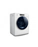 White front-loading washing machine with a dark blue drum on a white background
