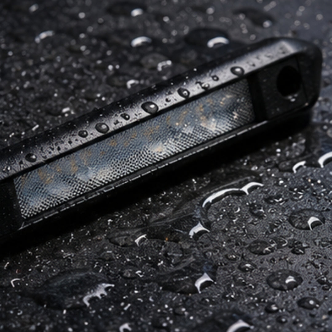 Black phone case with water droplets on a wet surface