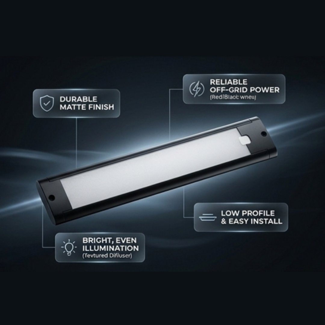 LED Caravan Cabinet Bar Light Black showing specifications