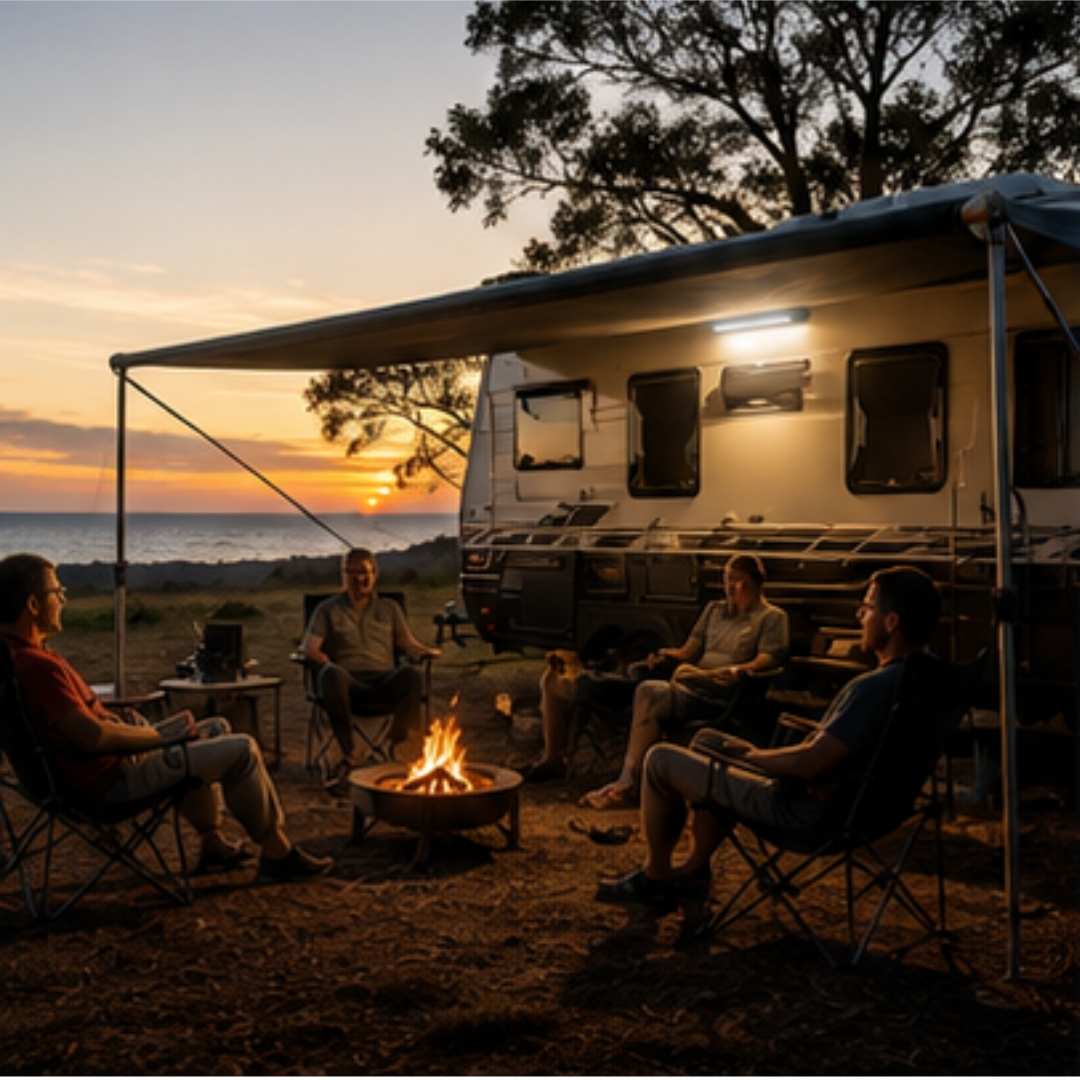 People sitting around a campfire in front of an RV at sunset.
