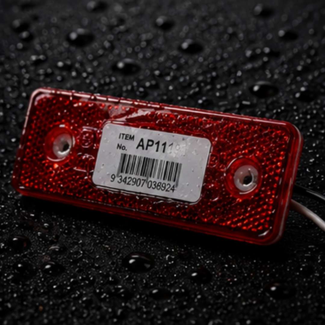 Red reflective label with a barcode on a dark textured background