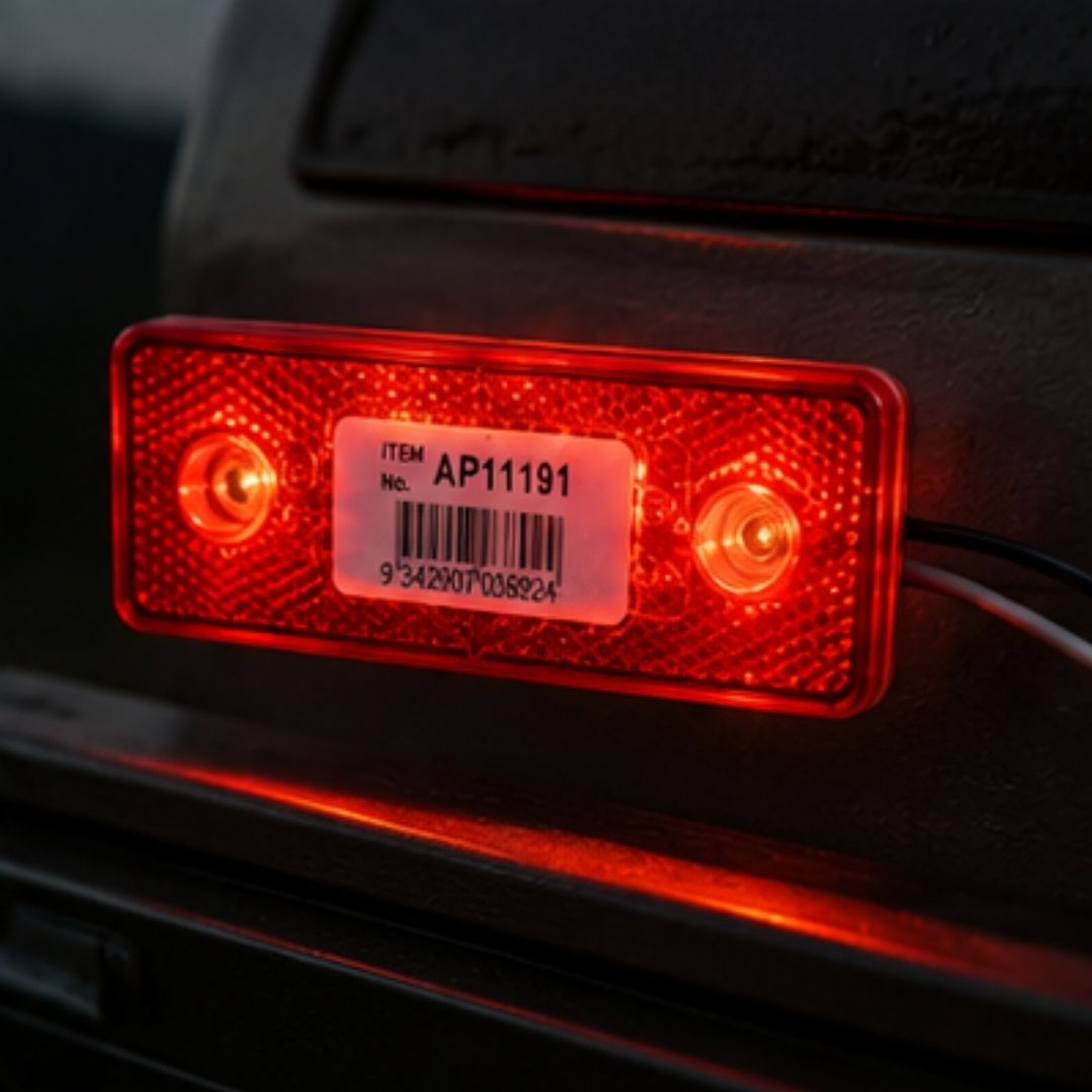 Red LED light on a vehicle with a visible barcode label.