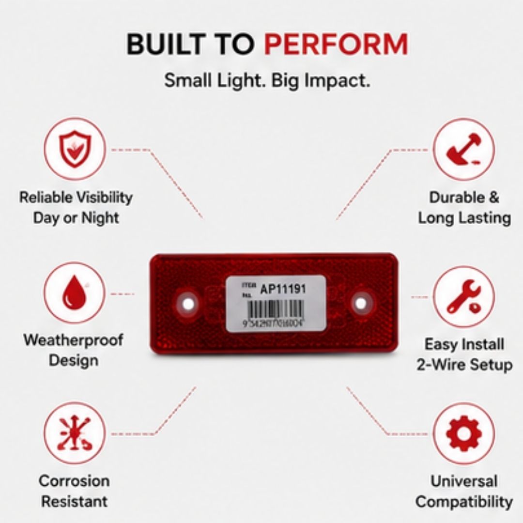 Red reflective safety label with features listed on a white background