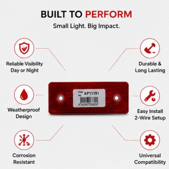 Red reflective safety label with features listed on a white background