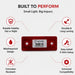 Red reflective safety label with features listed on a white background
