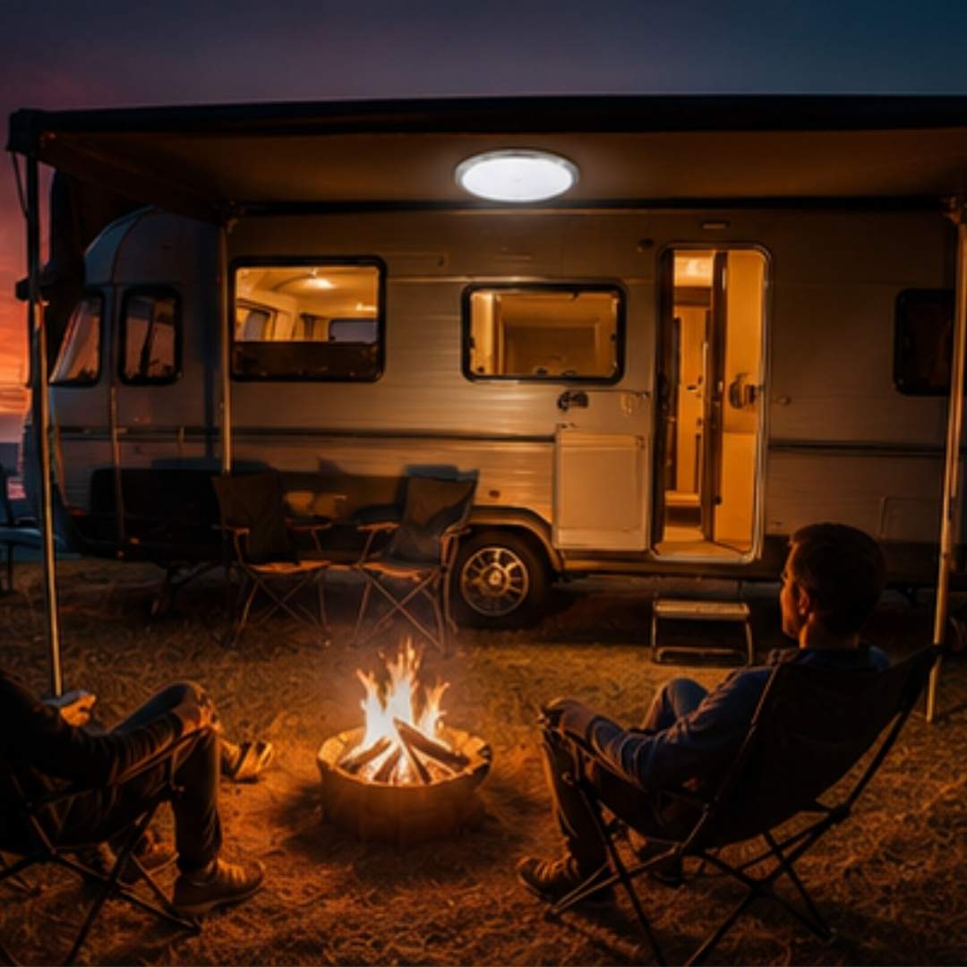 Two people sitting by a campfire in front of a vintage-style RV at night.