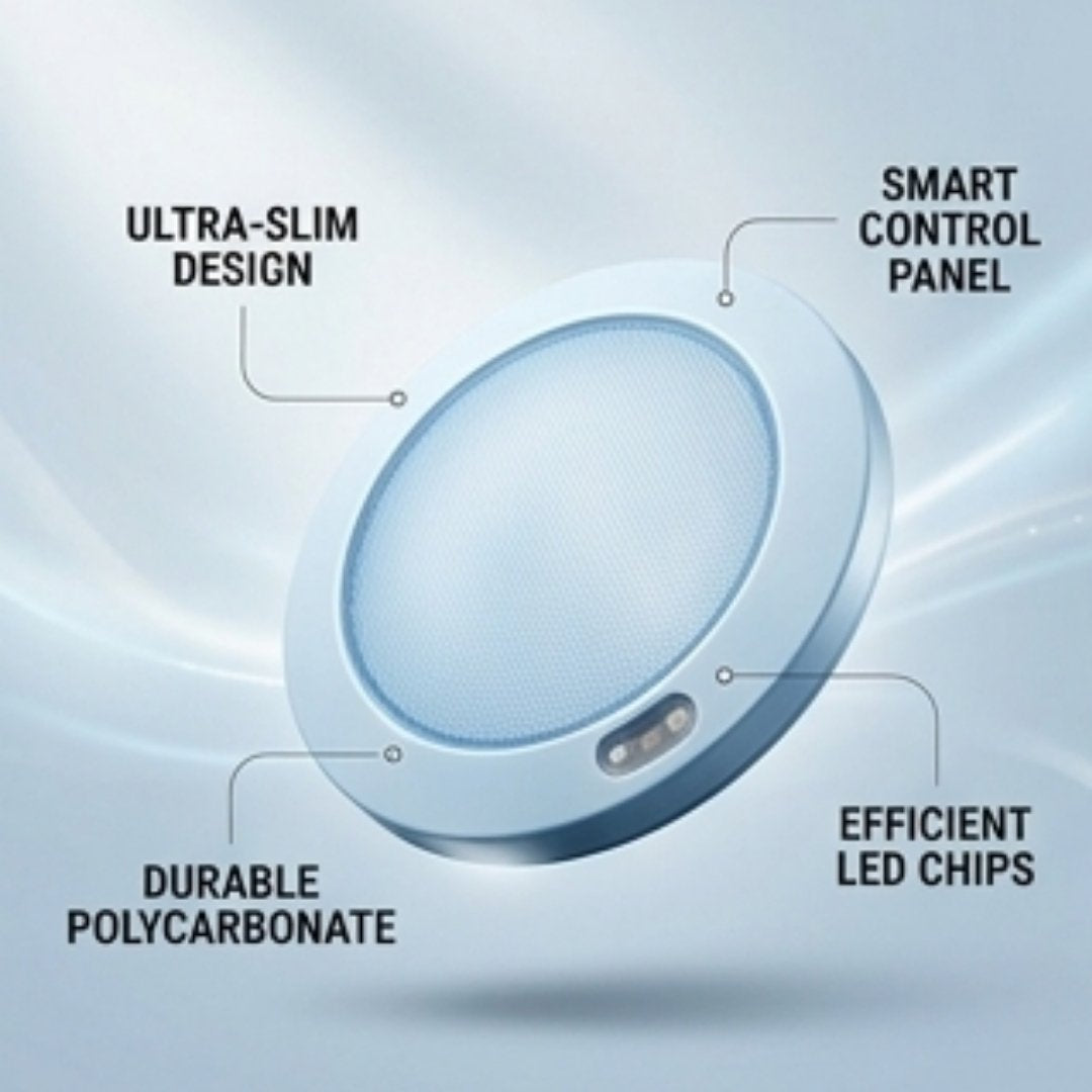 Light fixture with features labeled on a light blue background