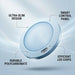Light fixture with features labeled on a light blue background