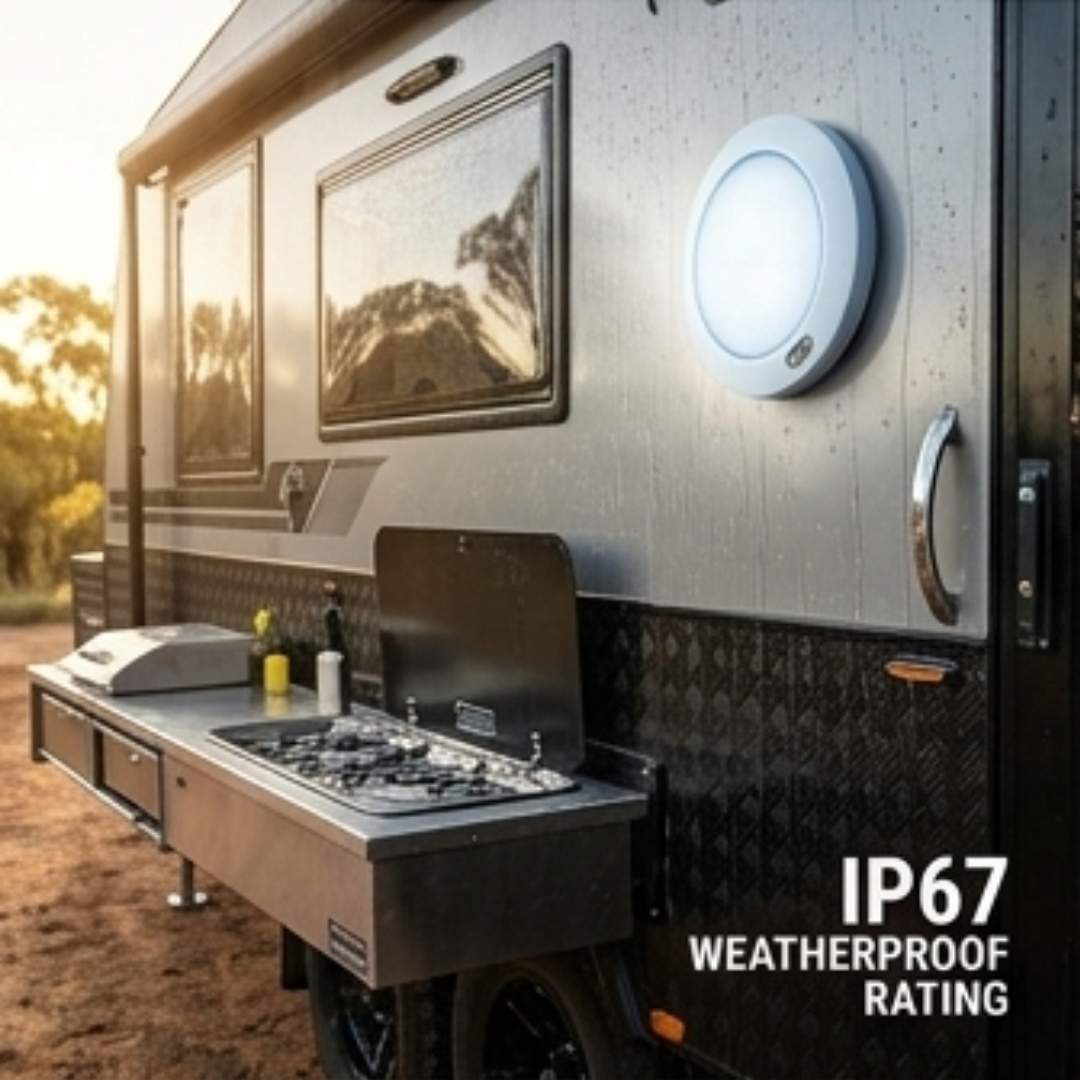 Camper trailer with outdoor kitchen area and IP67 weatherproof rating label.