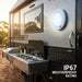 Camper trailer with outdoor kitchen area and IP67 weatherproof rating label.