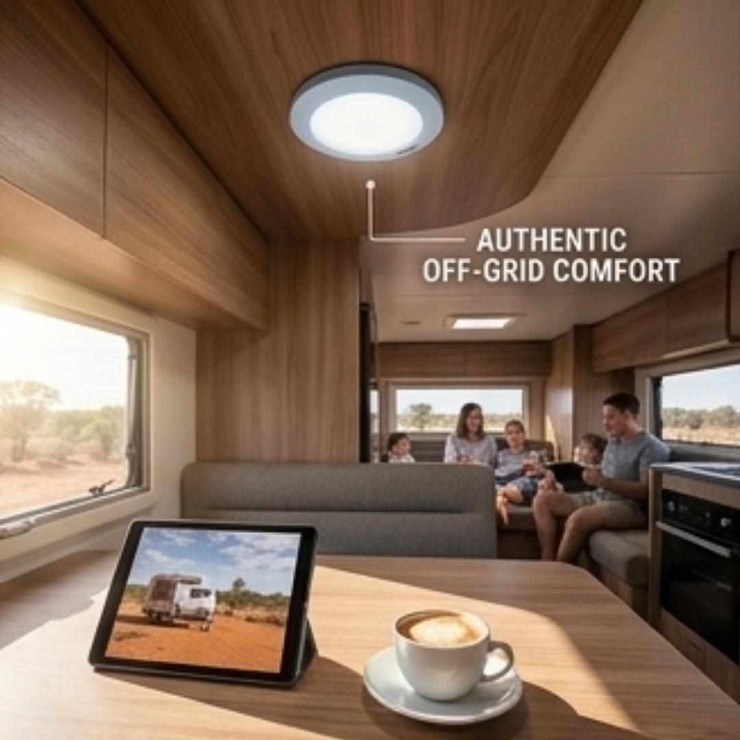 Interior of a modern RV with family inside, featuring a tablet and coffee on a table.