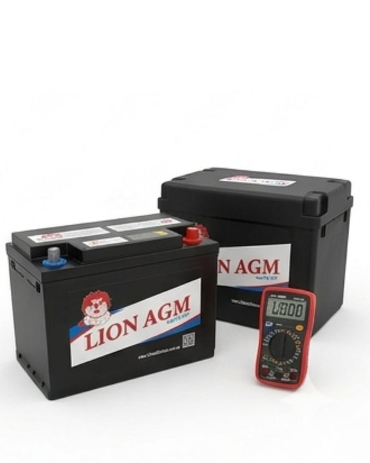 Two Lion AGM batteries with a multimeter on a white background