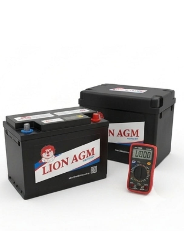Two Lion AGM batteries with a multimeter on a white background