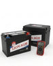 Two Lion AGM batteries with a multimeter on a white background
