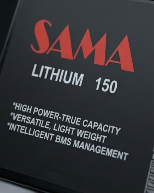 SAMA Lithium 150 battery packaging with text on a black background