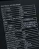 Technical specifications label on a black background