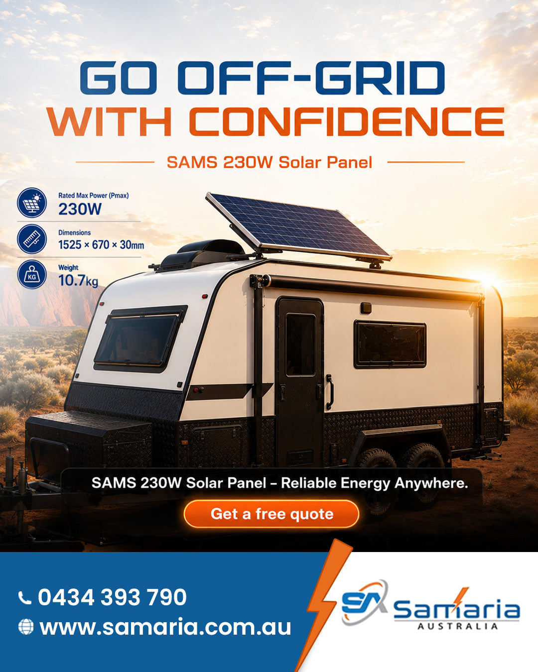 Advertisement for SAMS 230W Solar Panel with a camper van and solar panel on a desert background.
