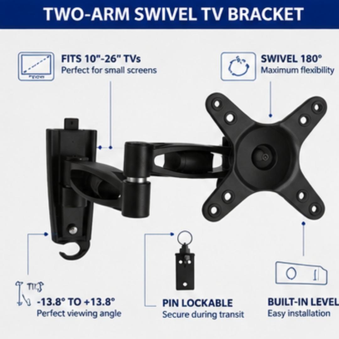 Two-arm swivel TV bracket with features highlighted on a white background