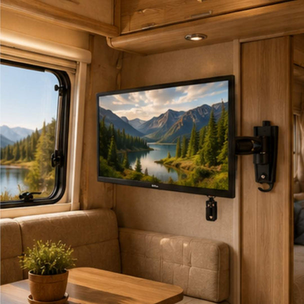 TV mounted on a wall inside a vehicle showing a scenic landscape with mountains and water.
