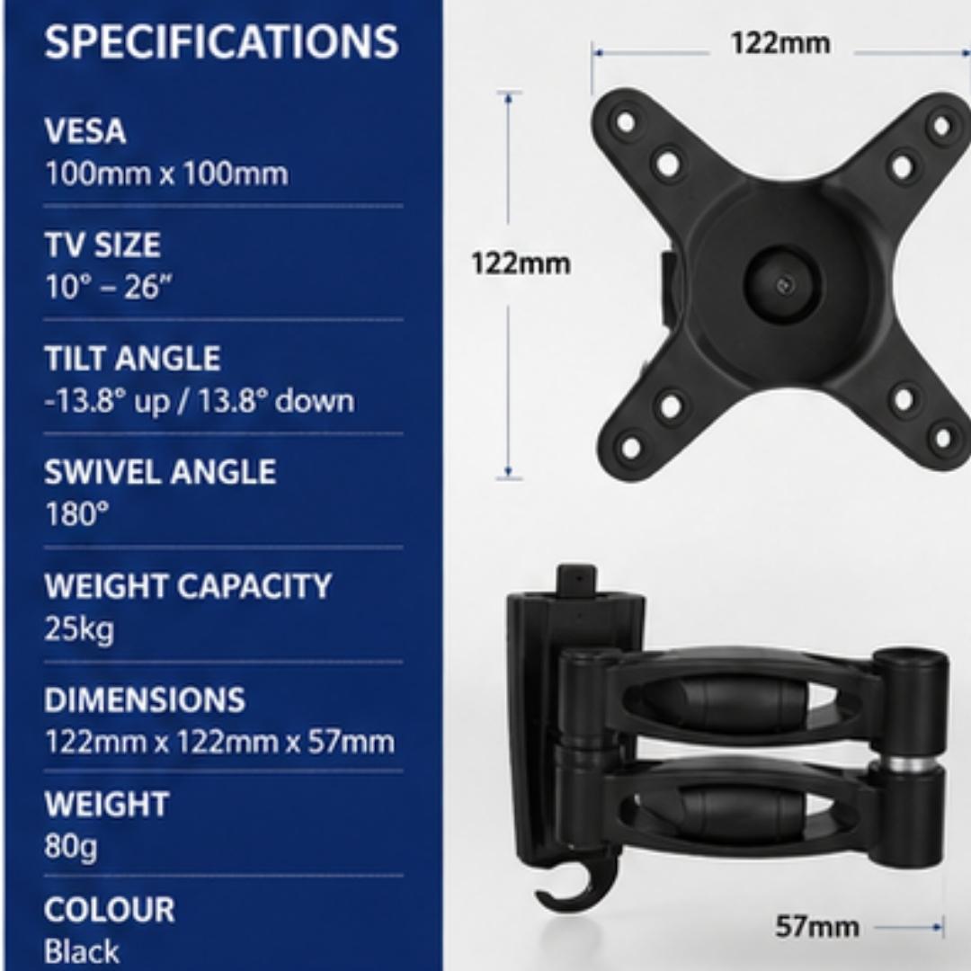 Monitor stand with specifications on a blue and white background