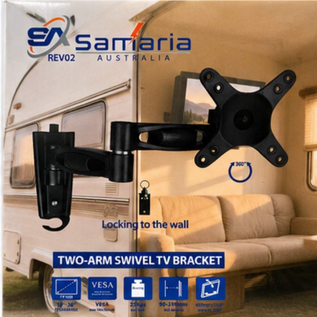 Two-arm swivel TV bracket on a caravan with Samaria Australia branding.
