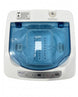 Small white washing machine with blue transparent door on a white background