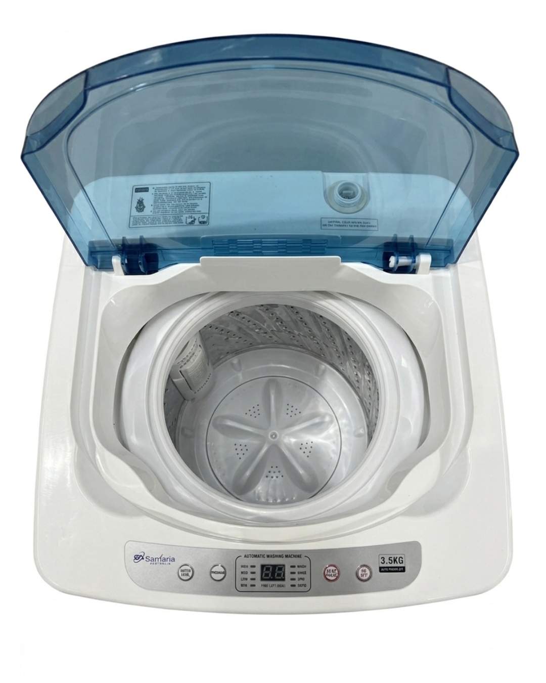 White portable washing machine with blue lid on a white background
