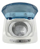 White portable washing machine with blue lid on a white background