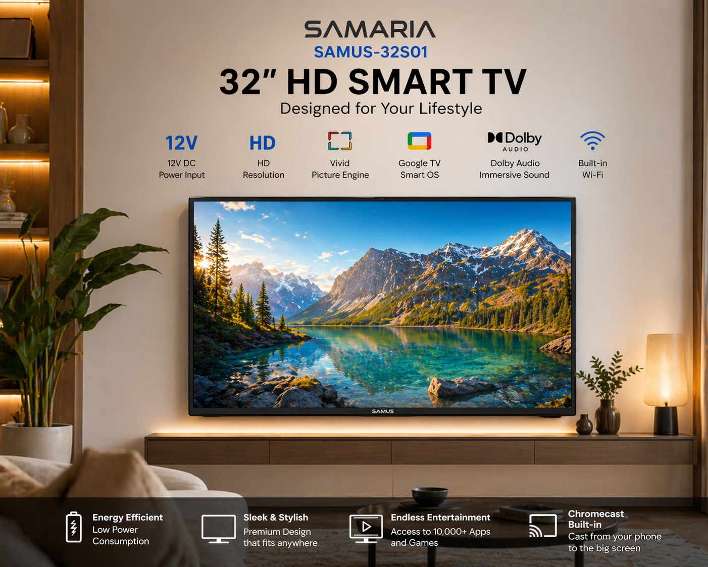 Samaria 32" HD Smart TV displaying a mountain landscape in a living room setting.