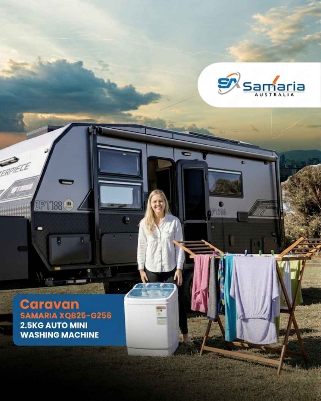 Woman standing next to a caravan with a washing machine and drying rack outdoors, featuring Samaria Australia branding.